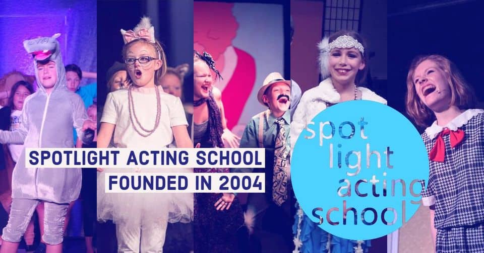 Characters in costume with the words Spotligh tActing School Founded In 2004