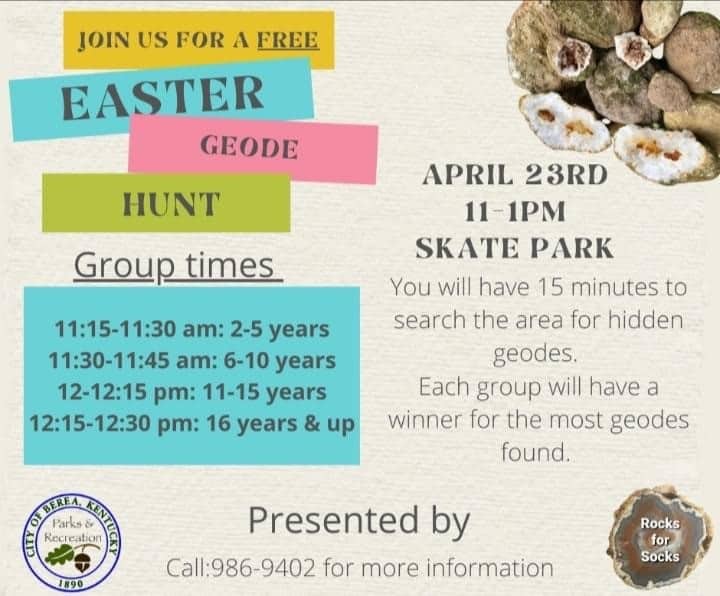 Join us for a FREE Easter geode hunt. You will have 15 minutes to search the area for hidden geodes. Each group will have a winner for the most geodes found.